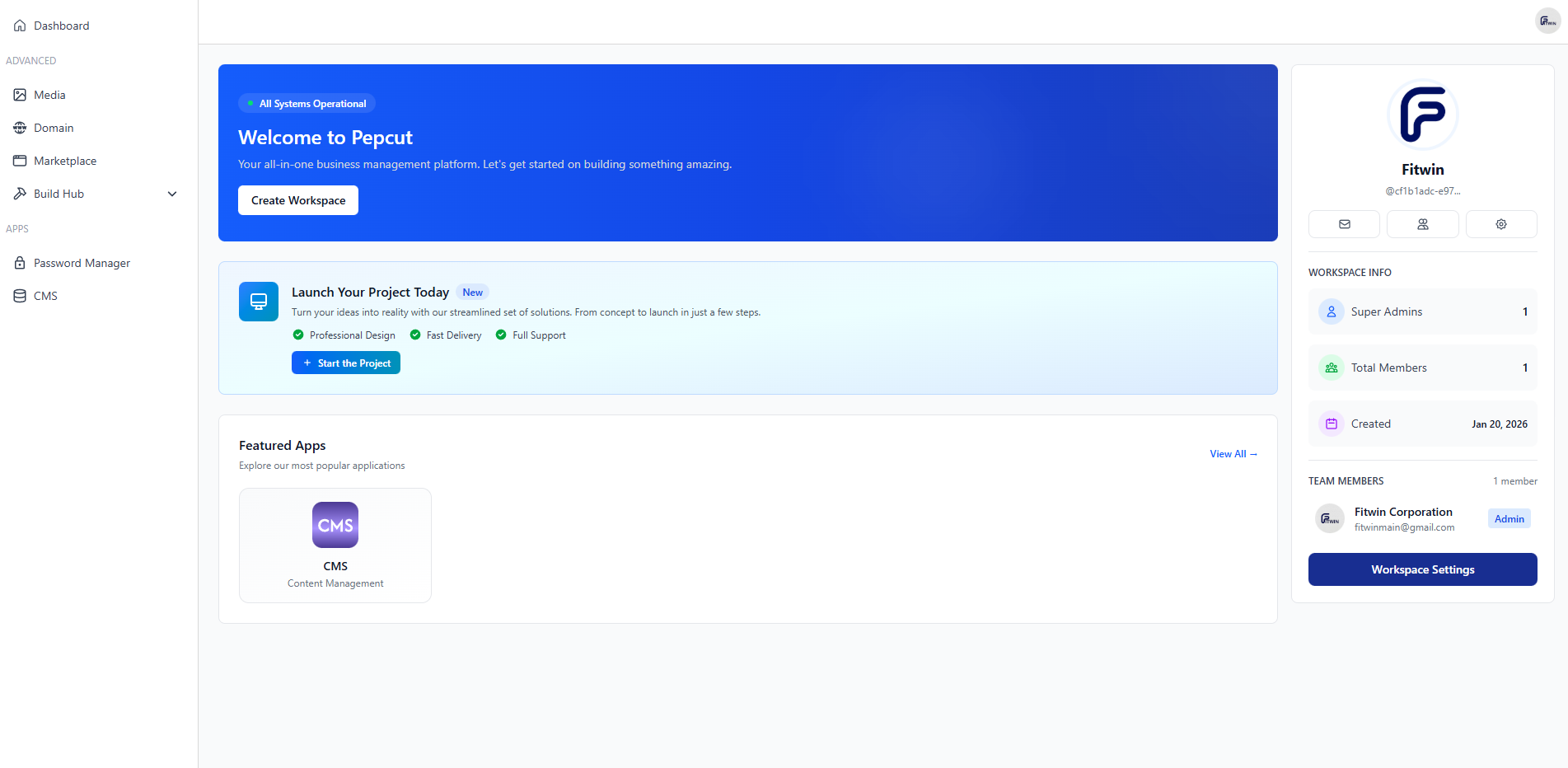 Pepcut Dashboard - Unified control panel for managing websites, domains, media library, and password vault